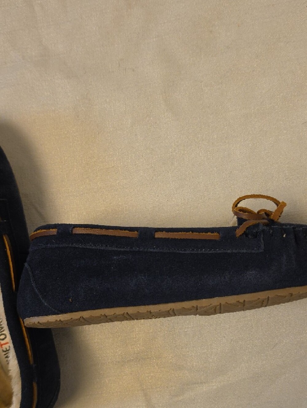 Minnetonka Navy Suede Moccasins with Tan Trim - Picture 5 of 8